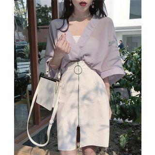 Elbow-sleeve Chiffon Blouse / Zip-up Pencil Skirt