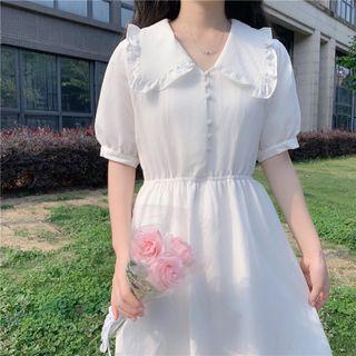 Elbow-sleeve Collared Midi A-line Dress White - One Size