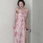 Sleeveless Print Midi Dress Pink - One Size