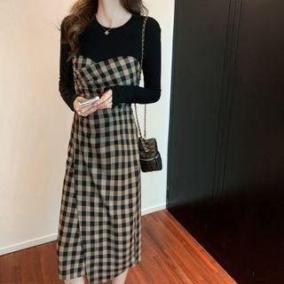 Mock Two-piece Long-sleeve Plaid Dress (various Designs)