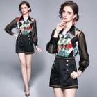 Set: Long-sleeve Floral Blouse + Shorts