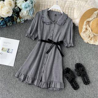 Short-sleeve Houndstooth Mini A-line Dress Black - One Size