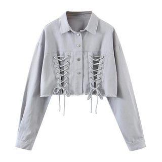 Plain Lace-up Cropped Shirt Jacket