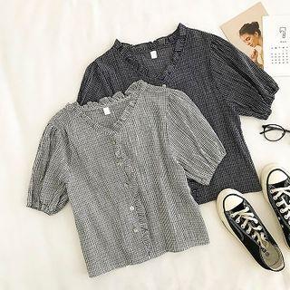 Color-block Plaid V-neck Ruffled-trim Shorts-sleeve Blouse