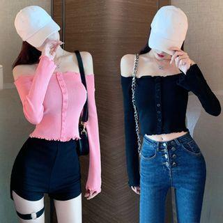 Off-shoulder Button-up Knit Top