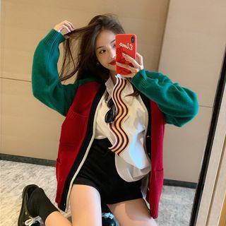 Colorblock Knit Cardigan / Crew-neck Shirt