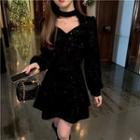 Long-sleeve Mock-neck Cutout Glitter Mini A-line Dress