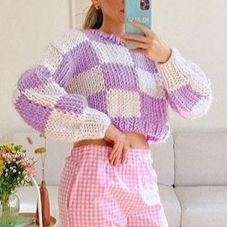 Check Print Crop Sweater
