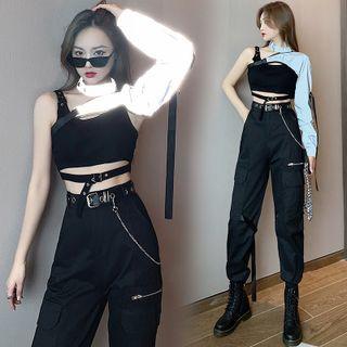 Buckle Cropped Tank Top / Cargo Harem Pants / Choker-neck One-shoulder Top / Chain / Set