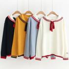 Bow Accent Contrast Trim Knit Pullover