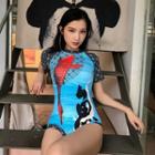 Fish Print Short Sleeve Swimsuit