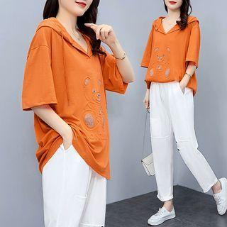 Set: Elbow-sleeve Bear Print Hoodie + Straight Leg Pants