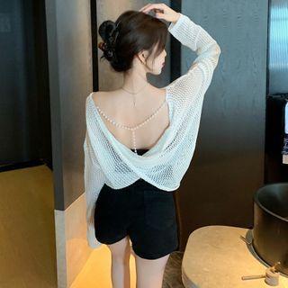 Long-sleeve Embellished Open-back Mesh T-shirt