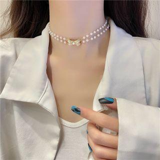 Bow Faux Pearl Rhinestone Choker White - One Size