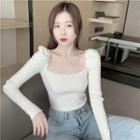 Puff-sleeve Square Neck Rhinestone Ribbed Top White - One Size
