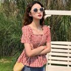 Gingham Short-sleeve Smocked Blouse