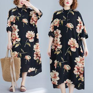 Elbow-sleeve Floral Midi Shift Dress As Shown In Figure - One Size