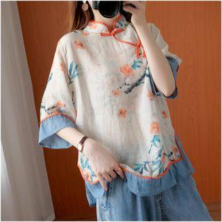 Elbow-sleeve Floral Print Mandarin-collar Top Floral - Off White - One Size