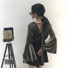Plain V-neck Velvet Bell-sleeve Top