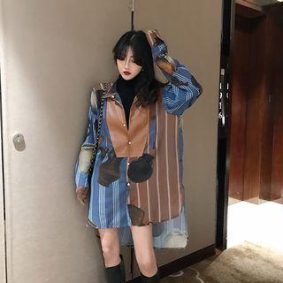 Faux Leather Panel Striped Shirt As Shown In Figure - One Size