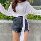 Long-sleeve Asymmetrical Tied T-shirt White - One Size