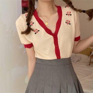 Heart Embroidered Short-sleeve Knit Top As Shown In Figure - One Size