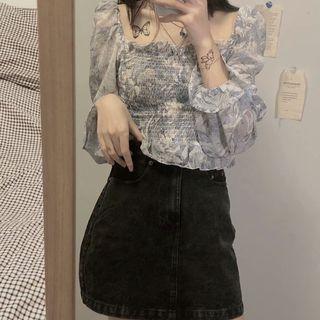 Puff-sleeve Tie-dyed Smocked Blouse Gray & Blue - One Size