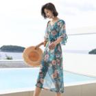 V-neck Flower Print Elbow-sleeve Dress