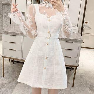 Set: Long-sleeve Lace Mock-neck Top + Mini A-line Pinafore Dress