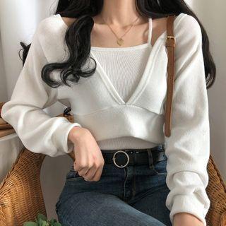 Set: Long-sleeve Deep V-neck Crop Top + Plain Camisole Top