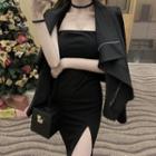 Halter Spaghetti-strap Midi Sheath Dress / Zip-up Jacket