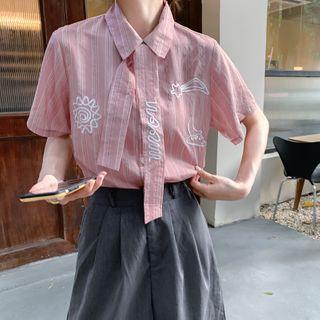 Striped Embroidered Elbow-sleeve Shirt As Shown In Figure - One Size