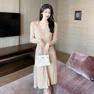 Long-sleeve Collared Button-up Knit Dress