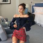 Off-shoulder Bell-sleeve Top / Plaid Mini Skirt