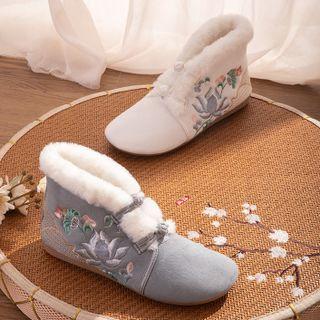 Embroidered Frog-button Fleece-lined Ankle Boots