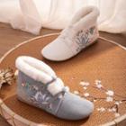 Embroidered Frog-button Fleece-lined Ankle Boots