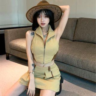 Sleeveless Halter Zip-up Top / Mini Pencil Skirt
