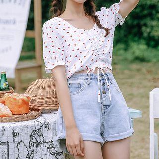 Heart Print Short-sleeve Drawstring Blouse