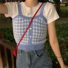 Short-sleeve Plain Cropped Top / Plaid Camisole
