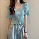 Puff Short-sleeve V-neck Plain Button-up Cardigan