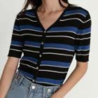 V-neck Striped Short-sleeve Knit Cardigan Black - One Size