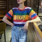 Short-sleeve Striped Lettering T-shirt As Shown In Figure - One Size