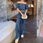 Set: Short-sleeve Off-shoulder Cropped Blouse + High Waist Wide Leg Jeans