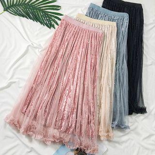 Faux-pearl Pleated Velvet Midi Skirt
