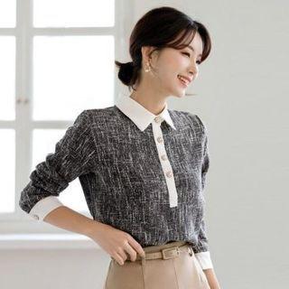 Contrast-collar Tweed Blouse