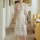 Short-sleeve Collared Midi A-line Lace Dress