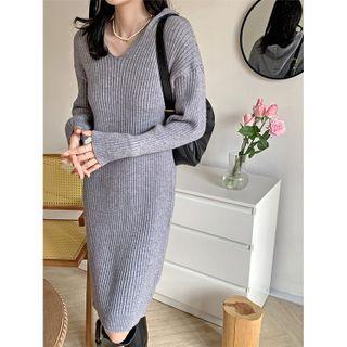 Long-sleeve V-neck Plain Hooded Knit Dress