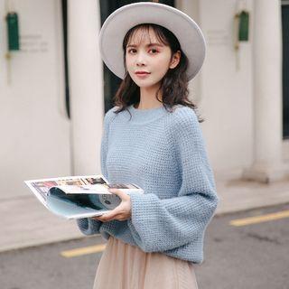 Off-shoulder Puff-sleeve Sweater Blue - One Size