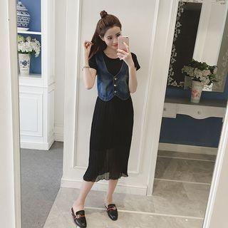 Set: Denim Vest + Short-sleeve Panel Dress