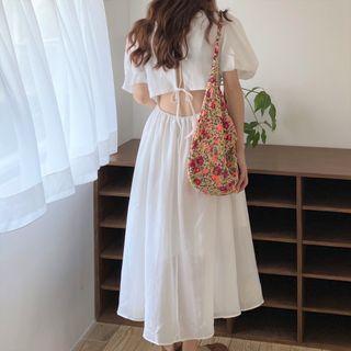 Puff-sleeve Open-back A-line Midi Dress